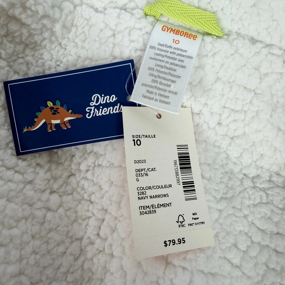 Gymboree Boys Size 10 Dino Friends Puffer Jacket Navy Sherpa 3D Spikes NWT